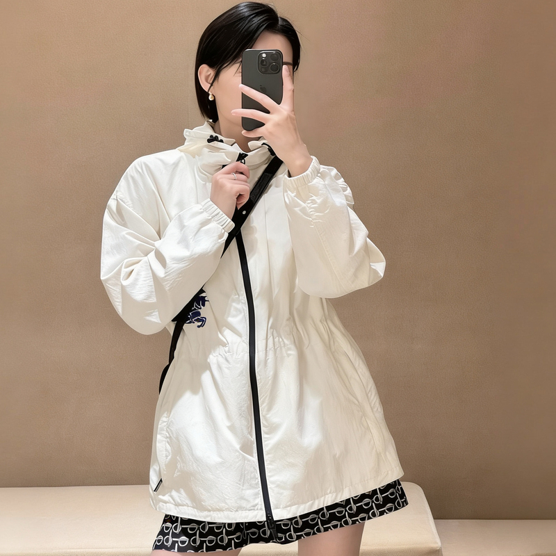 Same Style as the Store's 2026 Spring New Collection, War Horse Waist-Cinching Drawstring Hooded Nylon Lightweight Jacket, Windbreaker, Coat for Women