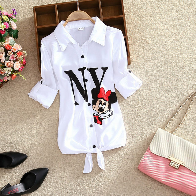 2023 spring new white shirt female student long-sleeved Korean casual print strap white shirt with top trendy