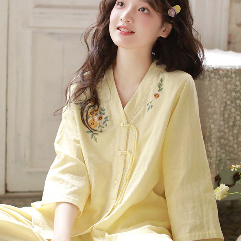 Victoria Pure Cotton Gauze Pajamas for Women, Spring and Autumn Style, Three-Quarter Sleeves, Sweet Embroidery, Can Be Worn Outside, High-End Home Wear