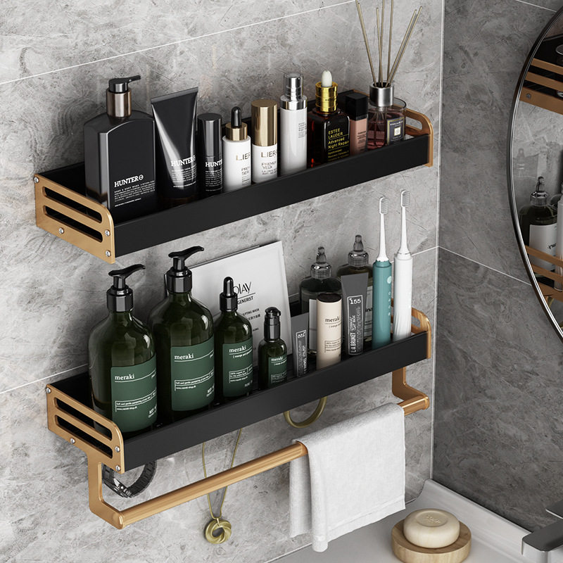 Makeup Room Shelve Wall-mounted Bathroom containing floor Black Gold Washroom Toilet Wash and Towel Rack Free of punch