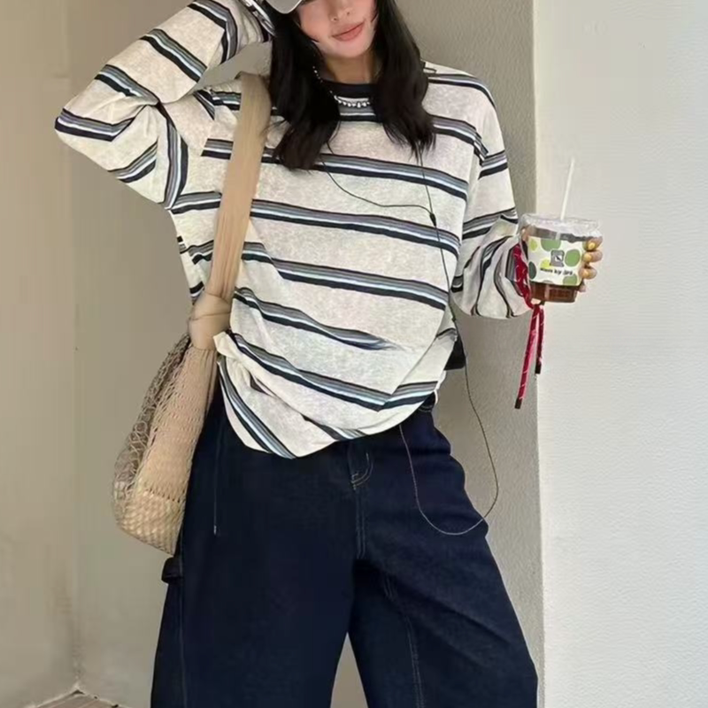 【Fresh Stripes】Early Autumn New Color-Block Striped Long-Sleeve Casual Lazy Round-Neck Base T-Shirt 【Fresh Stripes】Early Autumn New Color-Block Striped Long-Sleeve Casual Lazy Round-Neck Base T-Shirt