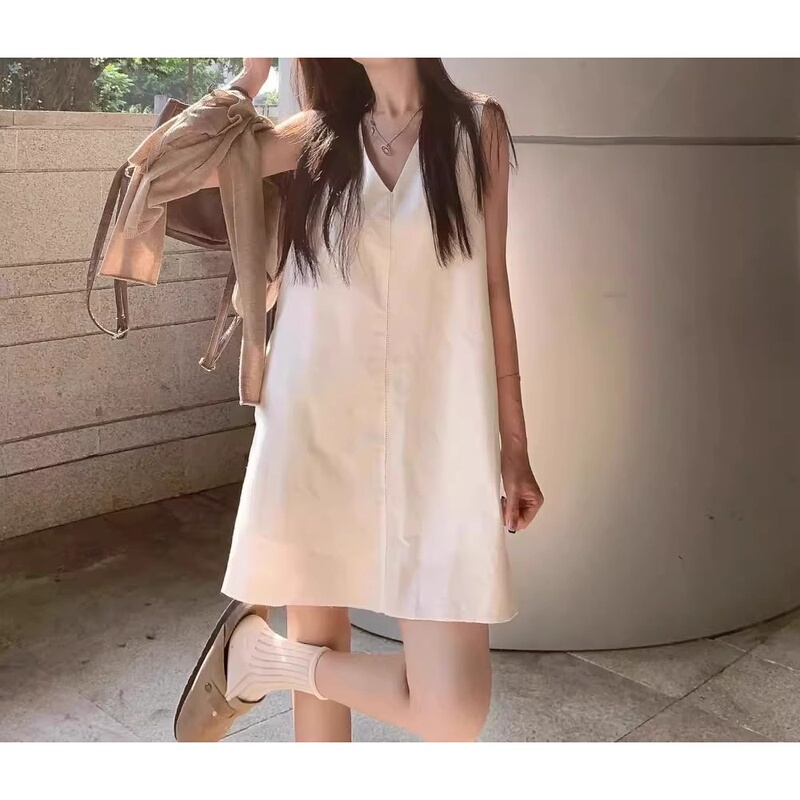 【Summer Cool Feeling】Summer High-End Lace-Up Simple V-Neck Dress Sleeveless Short Tank Dress
