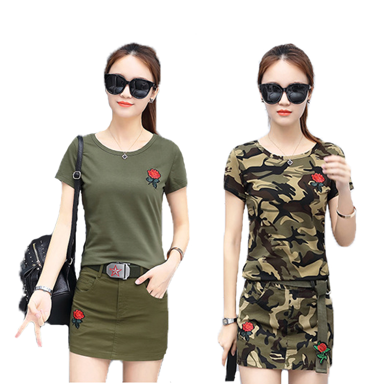 2018 Summer New Fashion Casual Camouflak Suit Lady Pure Cotton Rose Embroidered Round Collar Short Sleeve Short Skirt Pants
