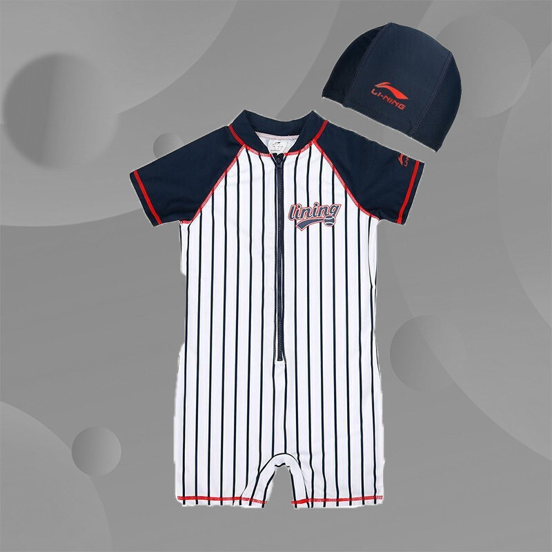 Li Ning Children's Beach Vacation Swimsuit Boy Swimsuit Swimming Cap White Vertical Stripe YSLP001