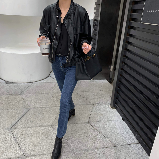 A7seven spring and autumn small leather jacket women's short motorcycle suit black fashion loose PU leather casual jacket