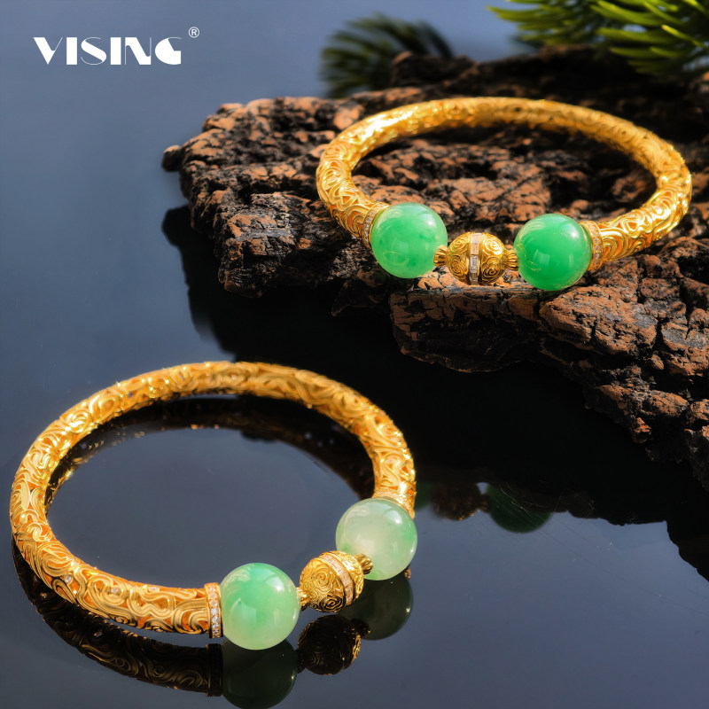 Vising Jewelry Natural African Jade Ancient Pattern Gold Bracelet Chinese Style Bracelet S925 Silver Gold Plated
