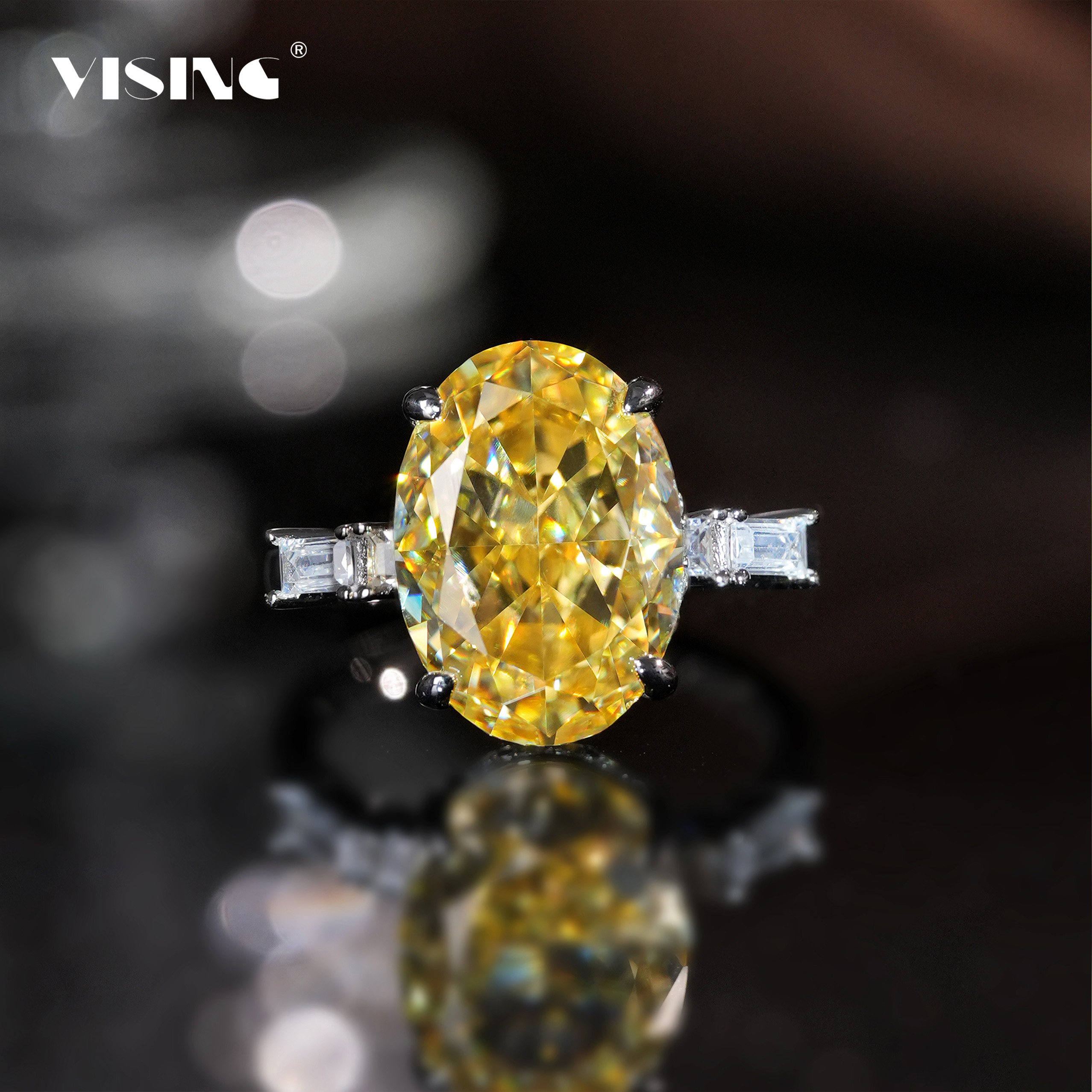 VISING flash high carbon diamond artificial yellow diamond pigeon egg ring 10ct left and right T square arm S925 silver gold plated