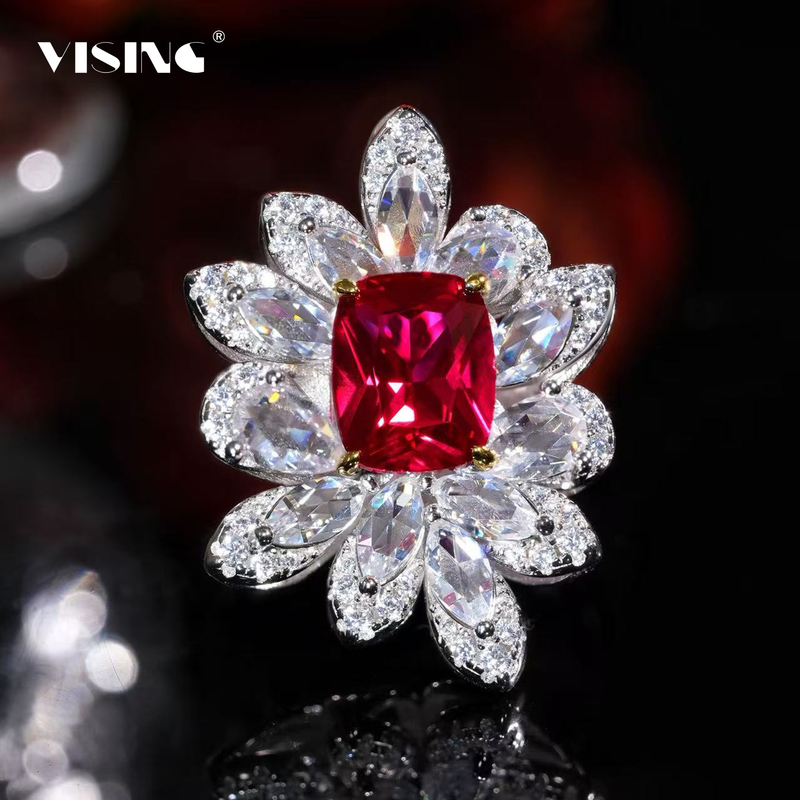 Vising Cultivated Ruby 3.3 Carat Brilliant Rose Cut Ring with National Inspection Certificate S925 Silver Gold Plated