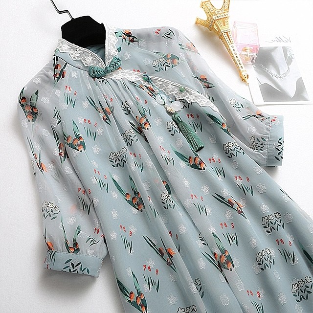 Western style improved cheongsam fairy skirt 2022 summer plus size women's clothing reducing age, covering belly and looking thin, Chinese style chiffon dress