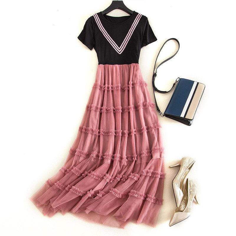 High-end fairy pure-color skirt 2022 summer new large-size women's clothing foreign style slightly fat belly-covering thin mesh dress