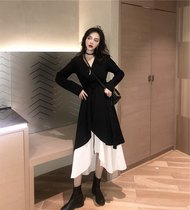 Fashion color simple atmosphere~2021 autumn large size thin knitted outer strap dress two-piece set