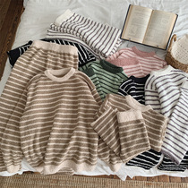 Parent-child cloud-sensing velvet home clothes for autumn and winter simple striped soft and soft pajamas for boys and girls skin-friendly and warm pajamas set