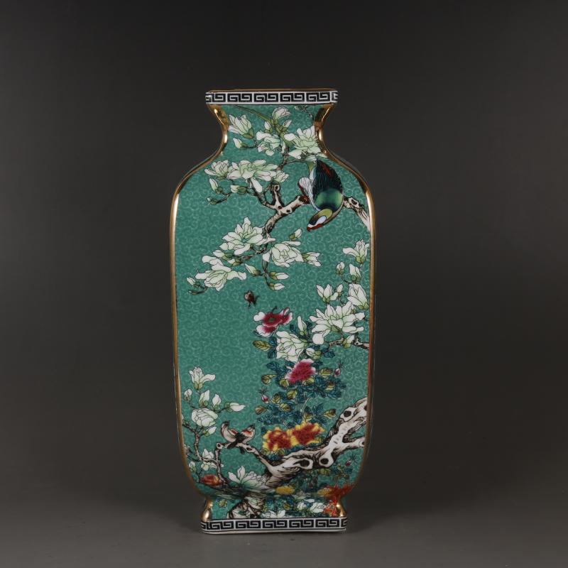 清乾隆琺瑯彩飄花黄地花鳥四方瓶景徳鎮陶磁器装飾品現代工芸品