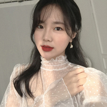 Hollow-out gauze bottoming foreign style jacket women's autumn and winter new retro high collar wave point horn sleeve lace shirt