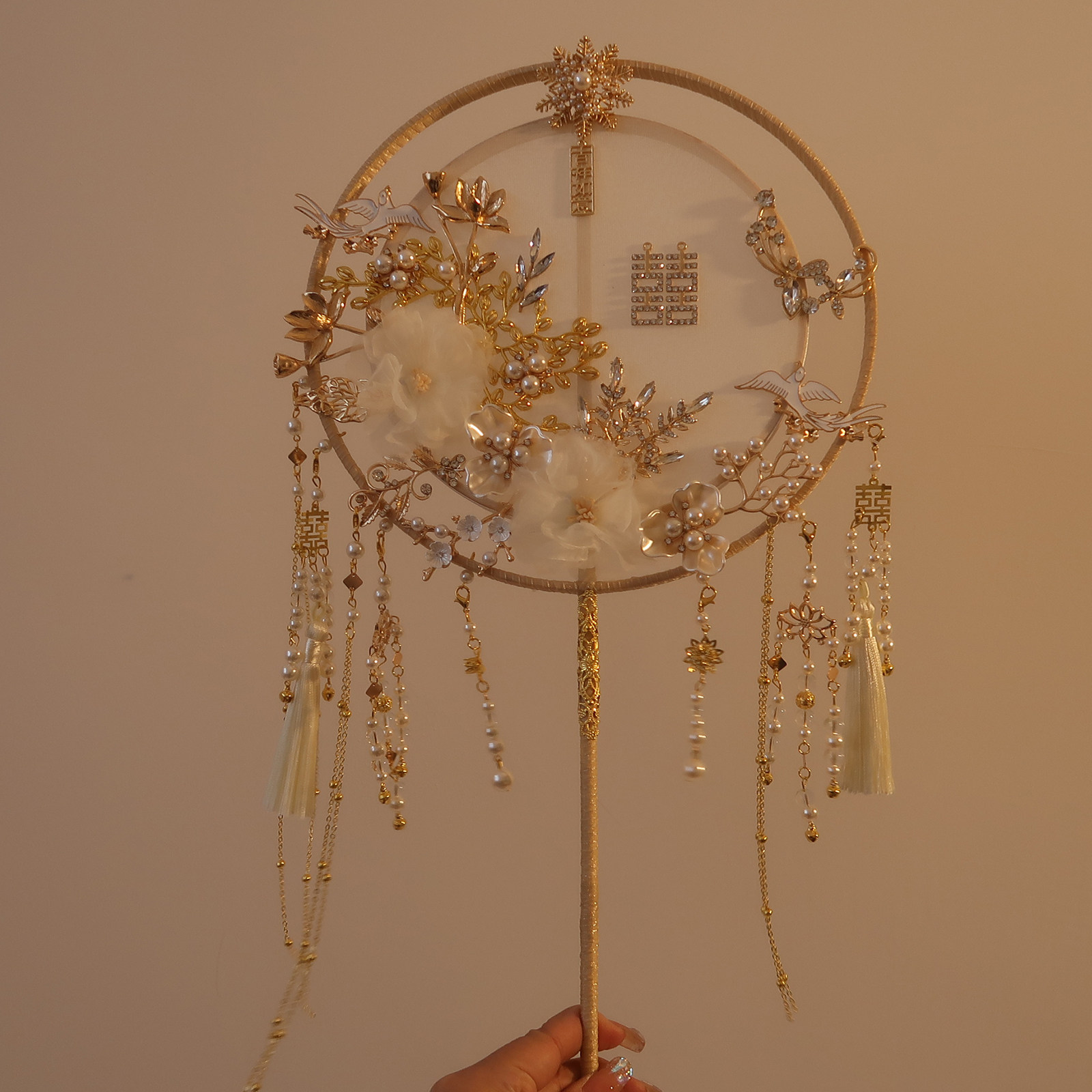 Hanjing double handle double handle fan fan bride married Chinese Xiuhe clothing fan fan covering face flowers