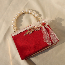 Bride Married Bag Velvet Red Pearl Dinner Retro Banke Handbag Handbag Handbag Link Cross-Woman Pack