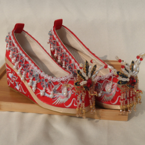 Increased Hand Shoes Wedding Shoes Spring Red Phoenix Headjewelry String of Bearl Flow Sue Customized Chinese Bride Embroidery Shoes