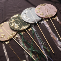 Late Yin original long handle Group fan finished ancient wind hot stamping belt tassel Palace fan Hanfu long fan DIY handmade material