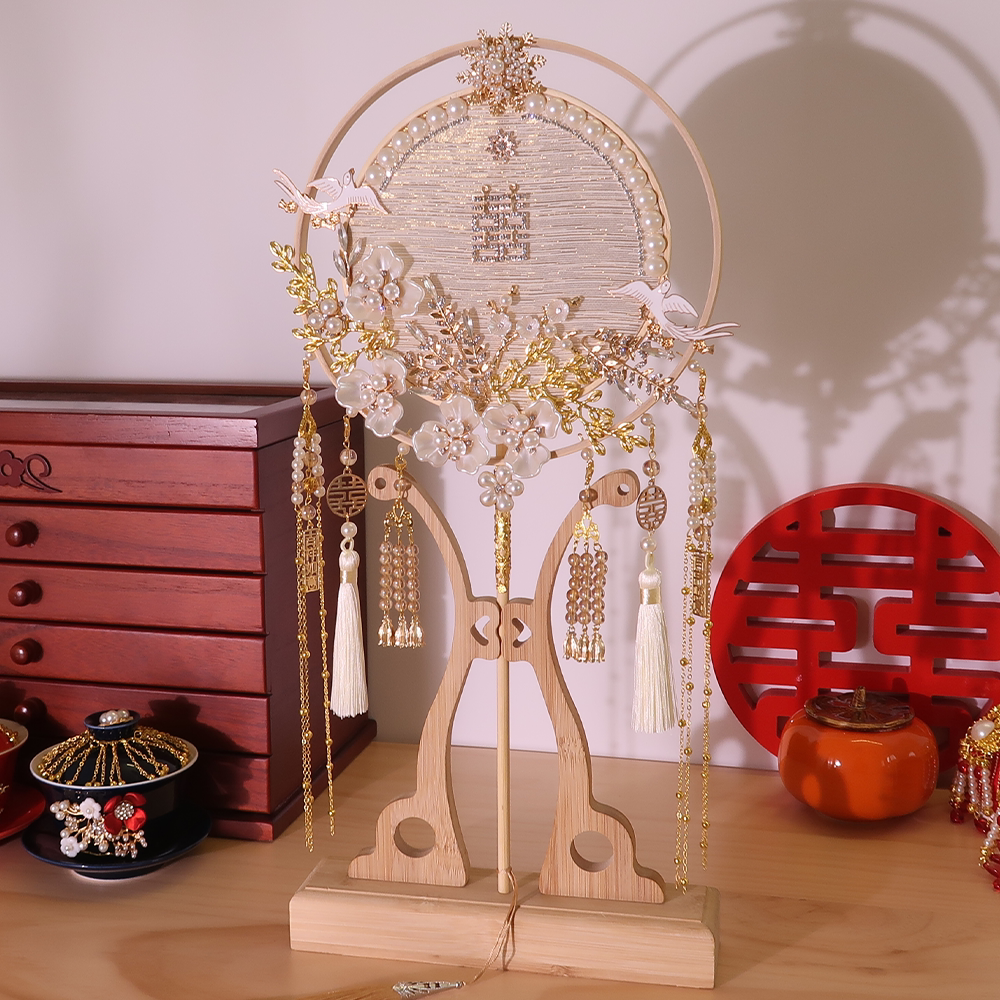 Bride fan wedding fan high-end finished product Xiuhe clothing handheld double-sided fan fan wedding hand-made DIY material package