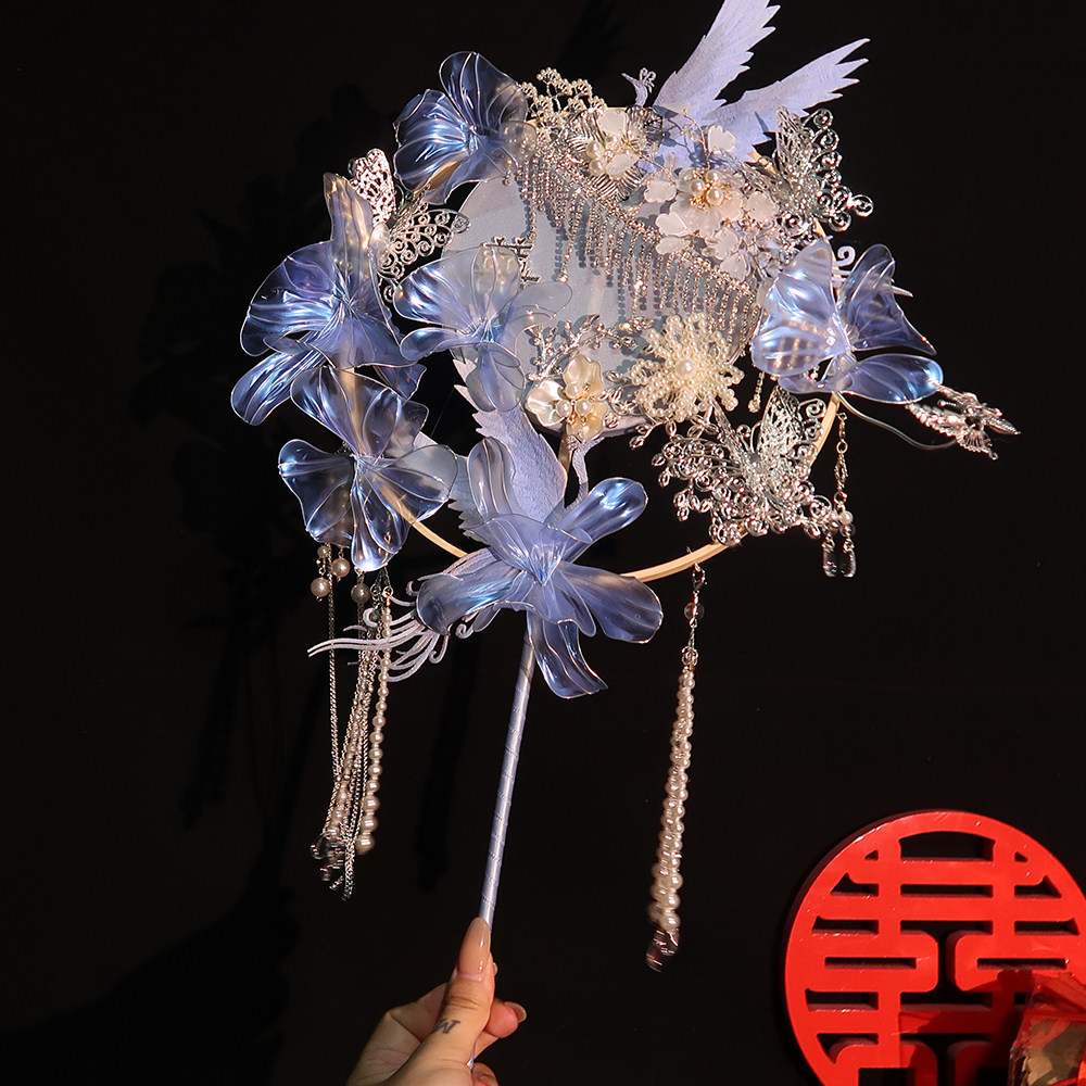 Bride wedding group Festive Fan Diy Material Bag Fan Wedding Blue Show and fan Phoenix Han clothes Double lap finished product-Taobao