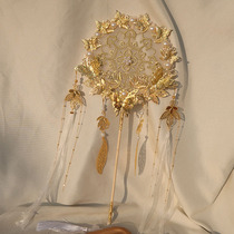 Late Yin original ancient style embroidery long handle Group fan Hanfu accessories round fan tassel tassel bronzing Palace fan long ribbon