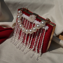 Late Chant Original Pure Handmade Red Stream Suvelvet Wedding Bride Marriage Gold Packet Advanced Design Feel Handbag Dinner Bag