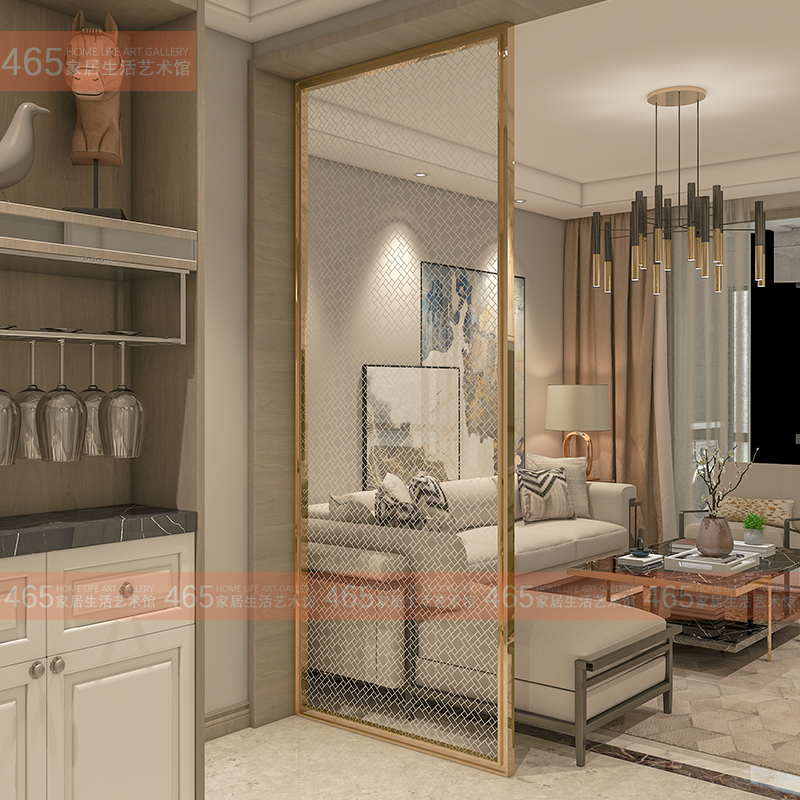 New Chinese light luxury screen custom modern entrance partition art glass custom living room stainless steel wire glass