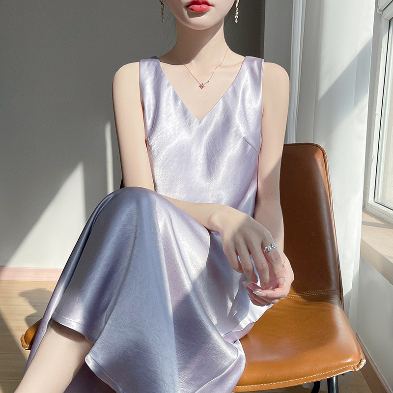 Silk Acetate Slip Dress Women's Jacket with Textured V-Neck Vest, Silk Gilded Satin Inner Long Dress