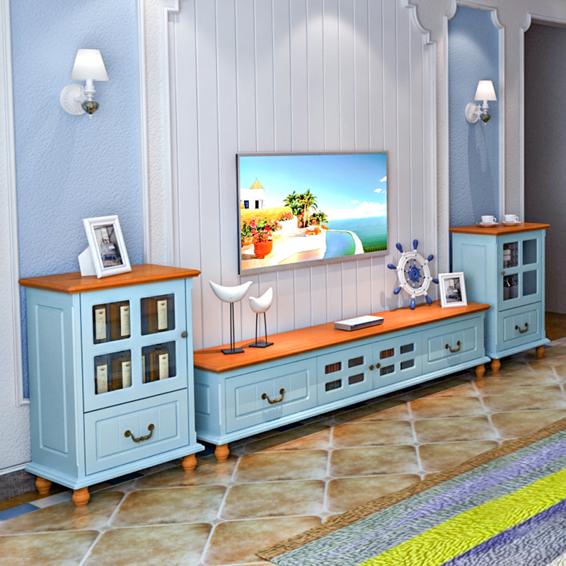 Mediterranean TV cabinet Piano paint Solid wood drawer Living room TV cabinet American Country coffee table TV cabinet combination