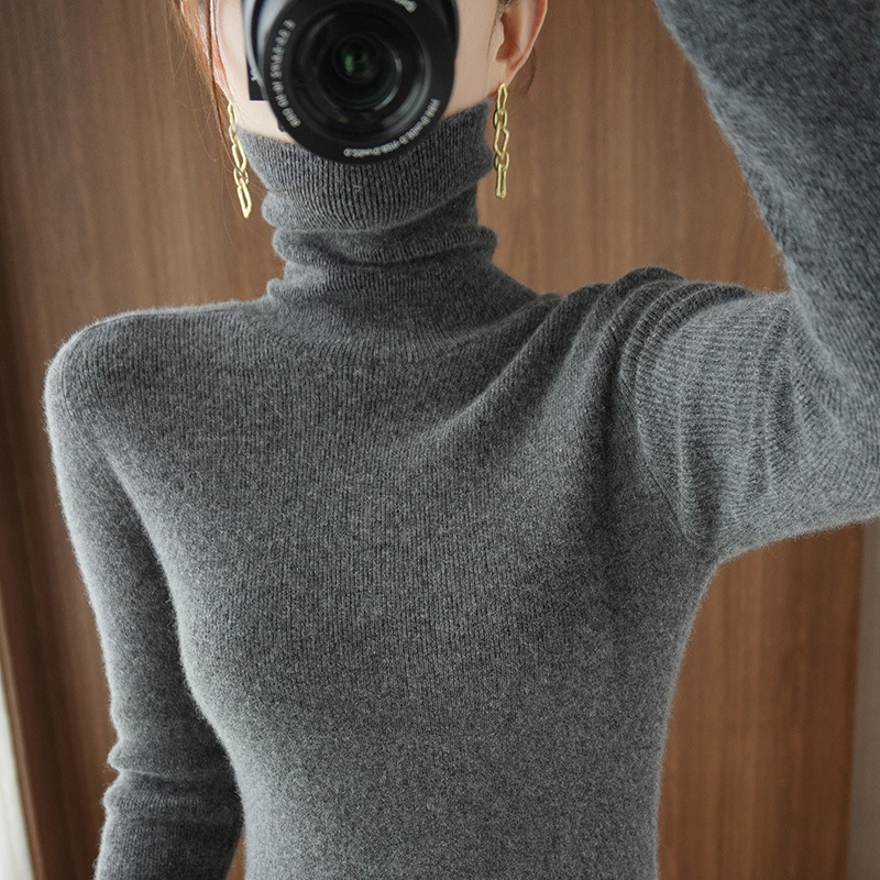 Elegant Gray 2026 Autumn and Winter Turtleneck Sweater for Women, Base Layer with Fine Ribbed Lapel, Stylish Inner Knitwear