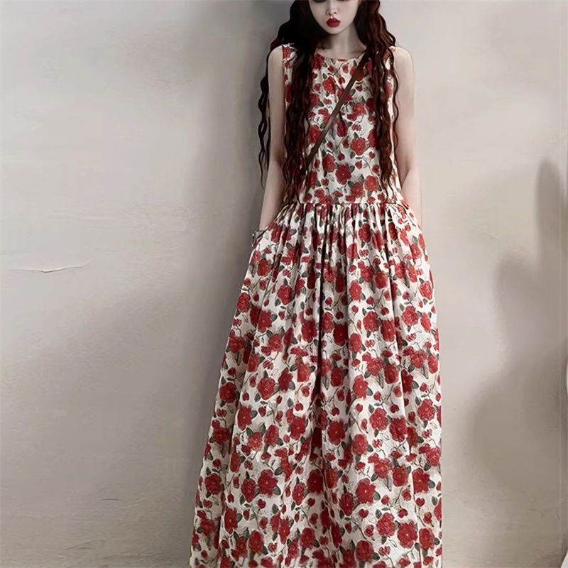 Korean Style Retro Floral Dress for Women, New Summer Style, High-End, Stylish, Age-Reducing, Slimming, Sleeveless Tank Dress, Long Dress