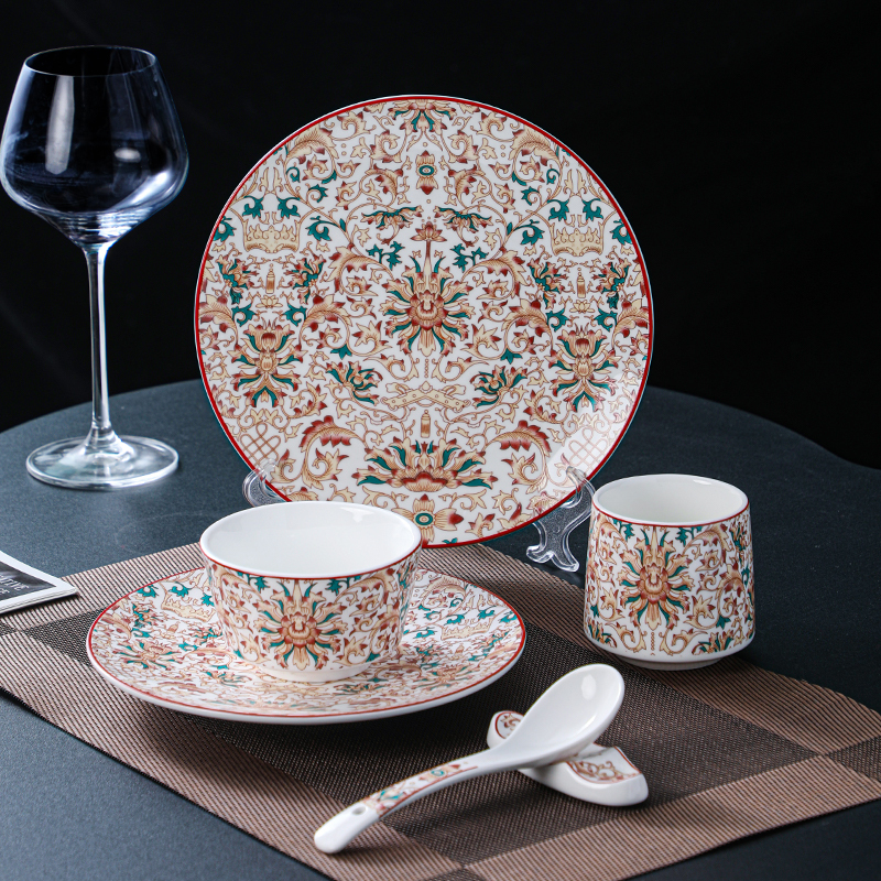 New Chinese-Style Hotel Club Restaurant Tableware Set Four-Piece Set Retro Relief Enamel Ceramic Bowls, Plates, and Spoons