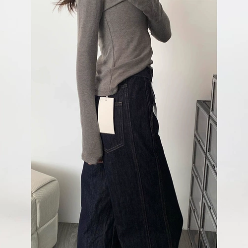 Темно-синие джинсы, осенние штаны, высокая талия, свободный прямой крой