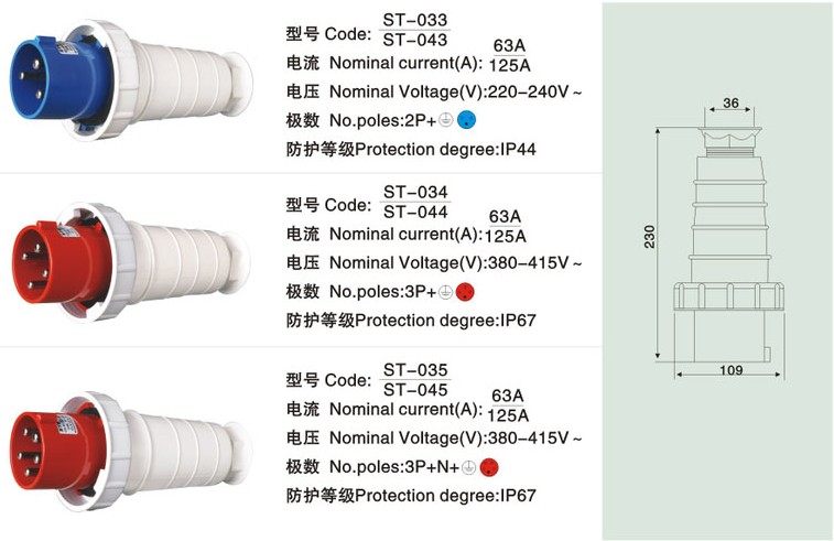 Current industrial waterproof plug STE ST-033 043 034 044 035 045 63A 125A