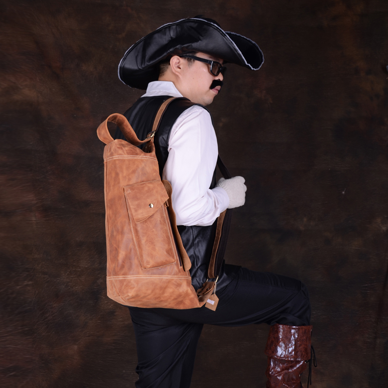 Original men's leather one-shoulder oblique bag retro crazy horse leather men's bag first layer cowhide Korean version of the tide men's backpack bucket bag