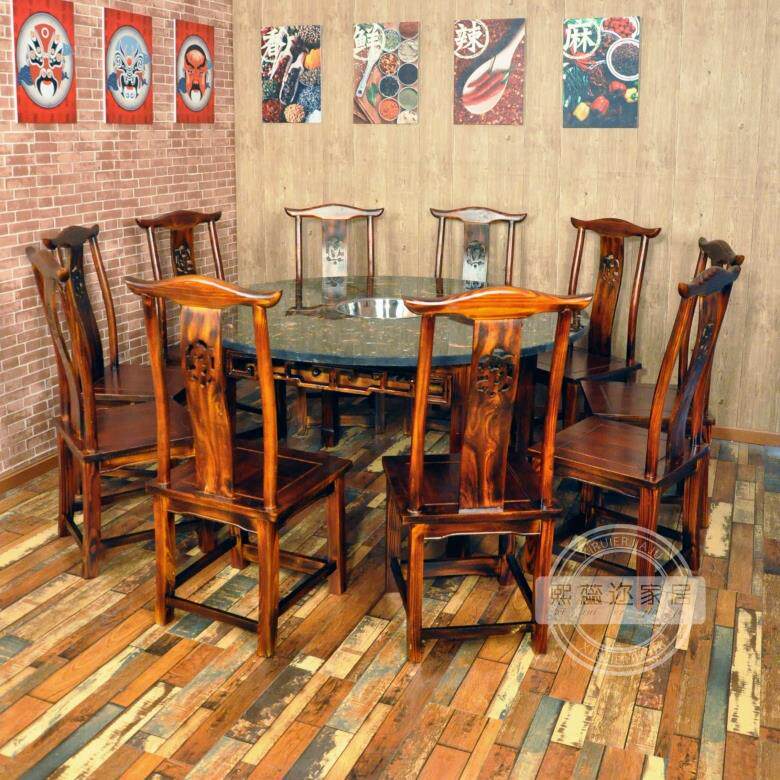 Manufacturer direct decarbonated solid wood marble gas hot pot table cabinet hot pot table and chairs combination
