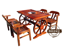  Solid wood creative retro wheel hot pot table and chair Induction cooker liquefied stove Marble solid wood cabinet hot pot table and chair