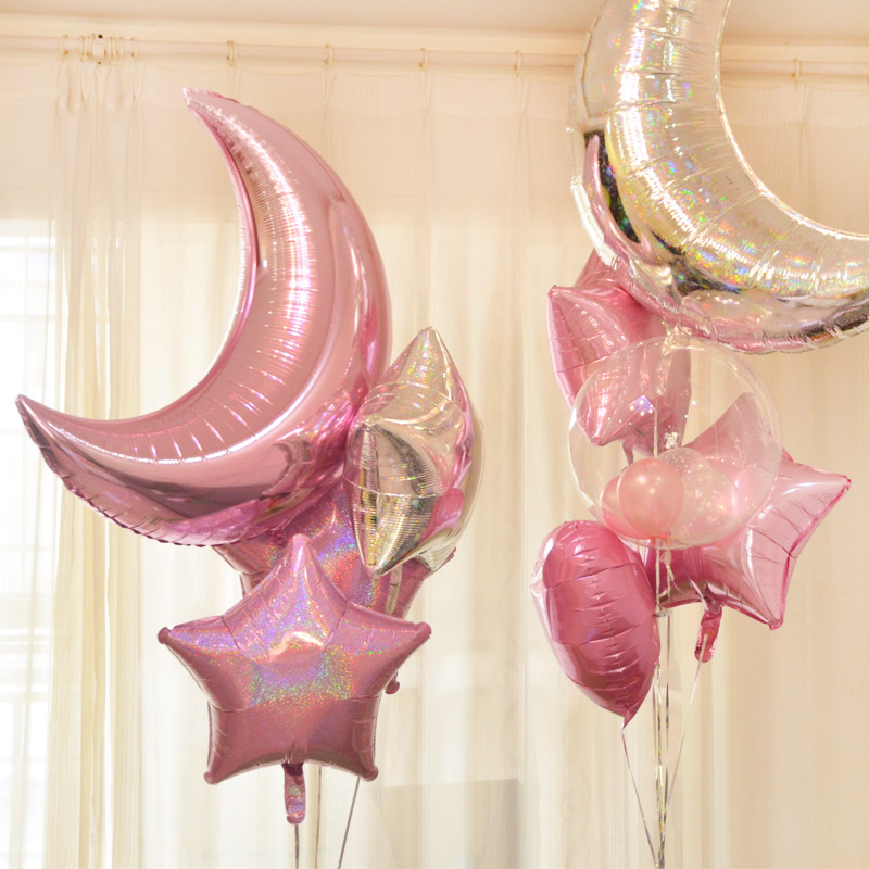 Large silver pink moon laser star aluminum foil balloon adorns romantically arranged for life birthday party