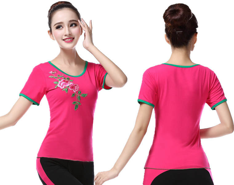 Trang phục khiêu vũ Youshang mùa xuân và mùa hè Quần áo khiêu vũ mới tập thể dục Quần áo nhảy vuông cổ thêu áo sơ mi ngắn tay - Khiêu vũ / Thể dục nhịp điệu / Thể dục dụng cụ giày khiêu vũ ngoại nhập