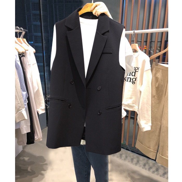 Small young man long mend vex female spring and summer new Han edition double-row knock shoulder sleeveless suit horse jacket