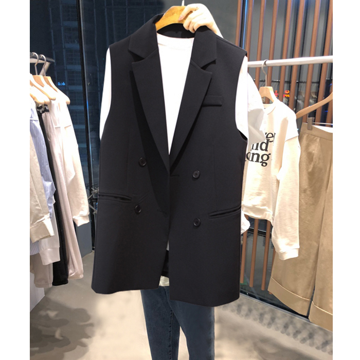 Petite Mid-Length Slim-Fit Vest for Women, New Spring/Summer Korean Style Double-Breasted Sleeveless Blazer Vest Jacket