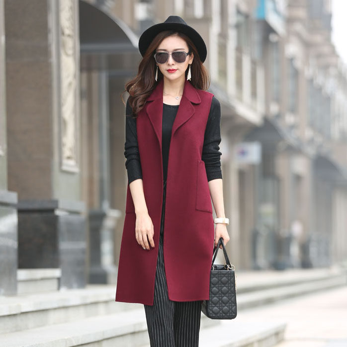 2021 autumn and winter Korean version of the high-end sleeveless outer back heart long version wool coat slim winter coat women's vest