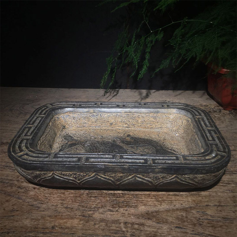 Shanxi Qingshi Antique Antique Old Stone Carving Paleolithic Antique Lotus Fish Pot Retro Furnishing Flower Pot Wenwan Collection
