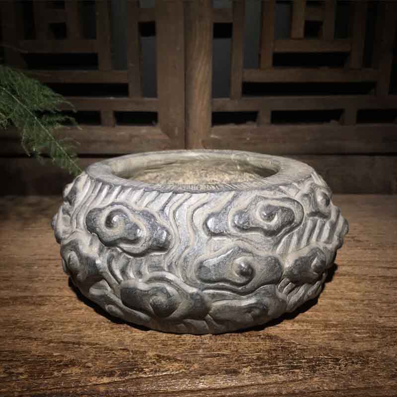 Antique Shanxi bluestone carving retro auspicious cloud stone pot flower pot base home decoration play collection
