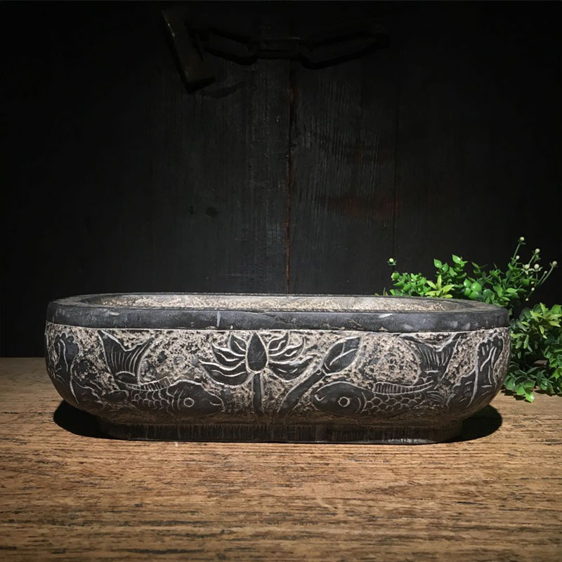 Antique stone carving Shanxi bluestone carving has more than one stone pot flower pot retro home decoration decoration play collection