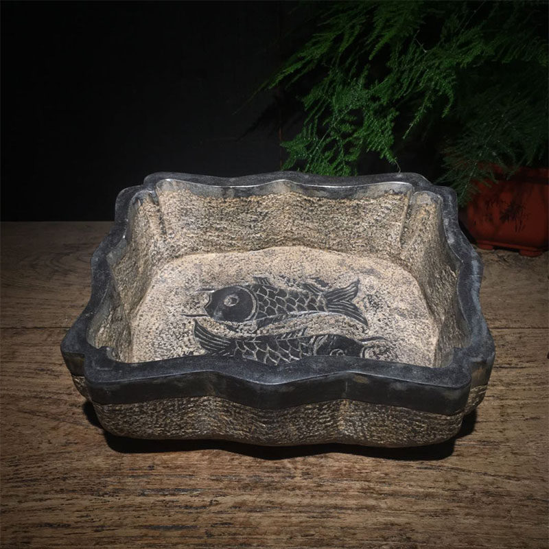 Antique old stone carving old stone tool imitation ancient Shanxi Qingshi Haitang fish basin retro flower pot stone text to play collection-Taobao