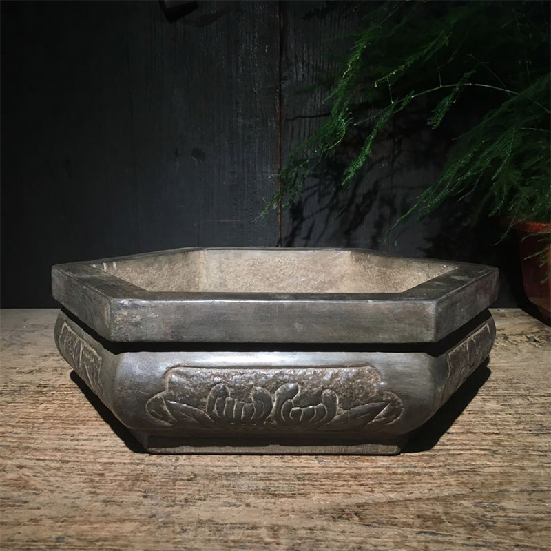 Antique old stone carving Paleolithic antique Shanxi bluestone Duozi Duofu hexagonal flower pot antique furnishings play