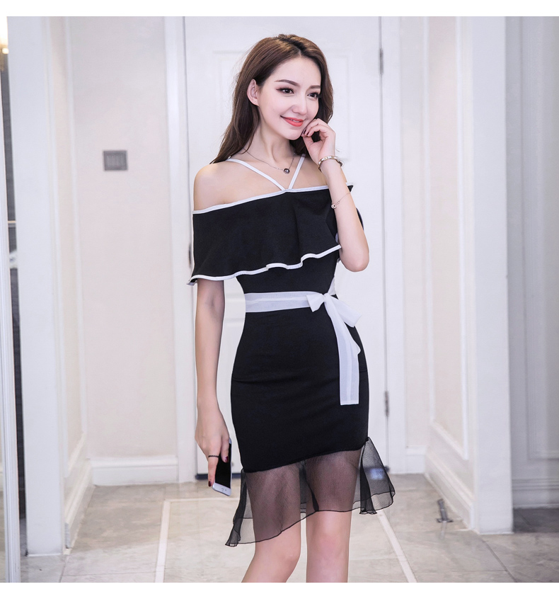 VK旗艦店 韓國風性感一字領荷葉邊包臀魚尾短袖洋裝