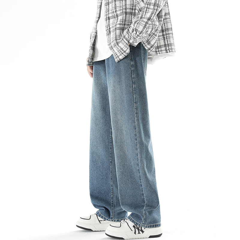New Style Long Pants, Distressed High Street Straight-Leg Dark Blue Jeans, Loose Casual Pants for Short-Legged Men, Trendy Pants