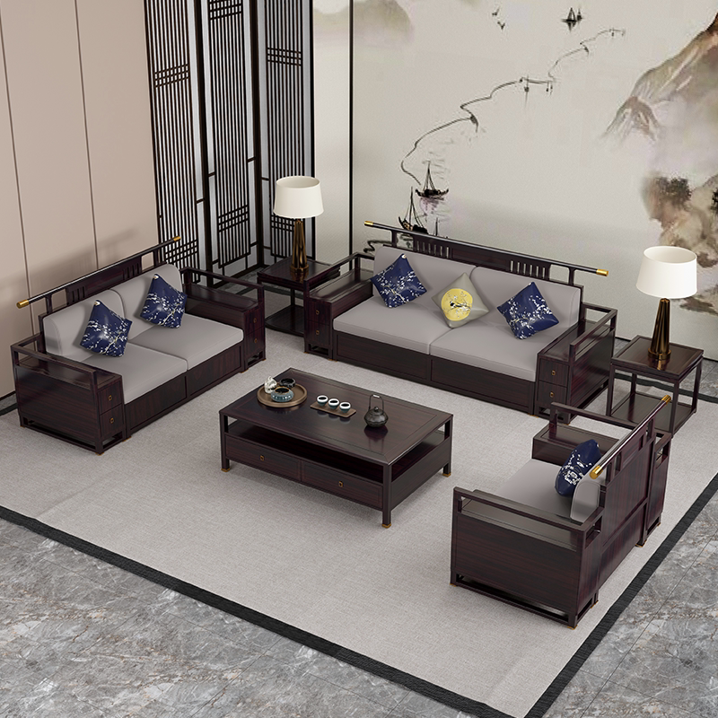 New Chinese style solid wood sofa Chinese style Zen fabric Wujin wood sofa hotel villa furniture model room customization